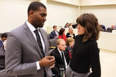 Photo Kemp Burdette: CFRW's Dana Sargent Speaking with DEQ Sec. Regan at the General Assembly Special Session, Raleigh, Jan. 10, 2018