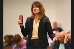 Photo: Star NewsOnline: Dana Sargent questioning Plant Manager Brian Long at the Chemours Town Hall, St. Pauls, June 12, 2018